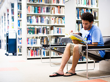 male student reading in the architecture library